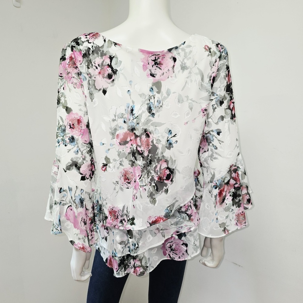 Alex Evenings Blouse Top Brocade Floral Layered Ruffle 3/4 Slv Cocktail Size L - Picture 4 of 9